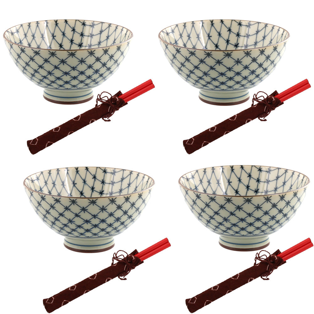 Aikosome 4.6" Traditional Porcelain Rice Bowls with Chopsticks Set of 4 - Crossed Lattice