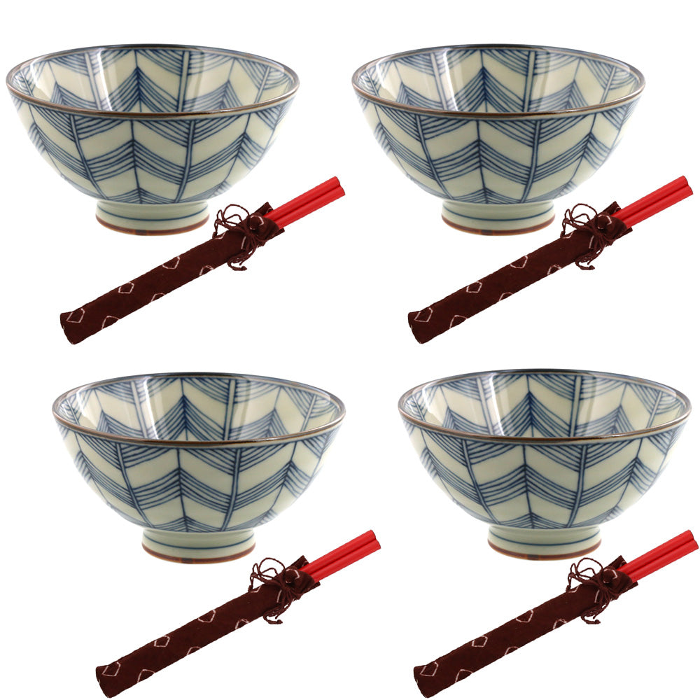 Aikosome 4.6" Traditional Porcelain Rice Bowls with Chopsticks Set of 4 - Arrow Feather