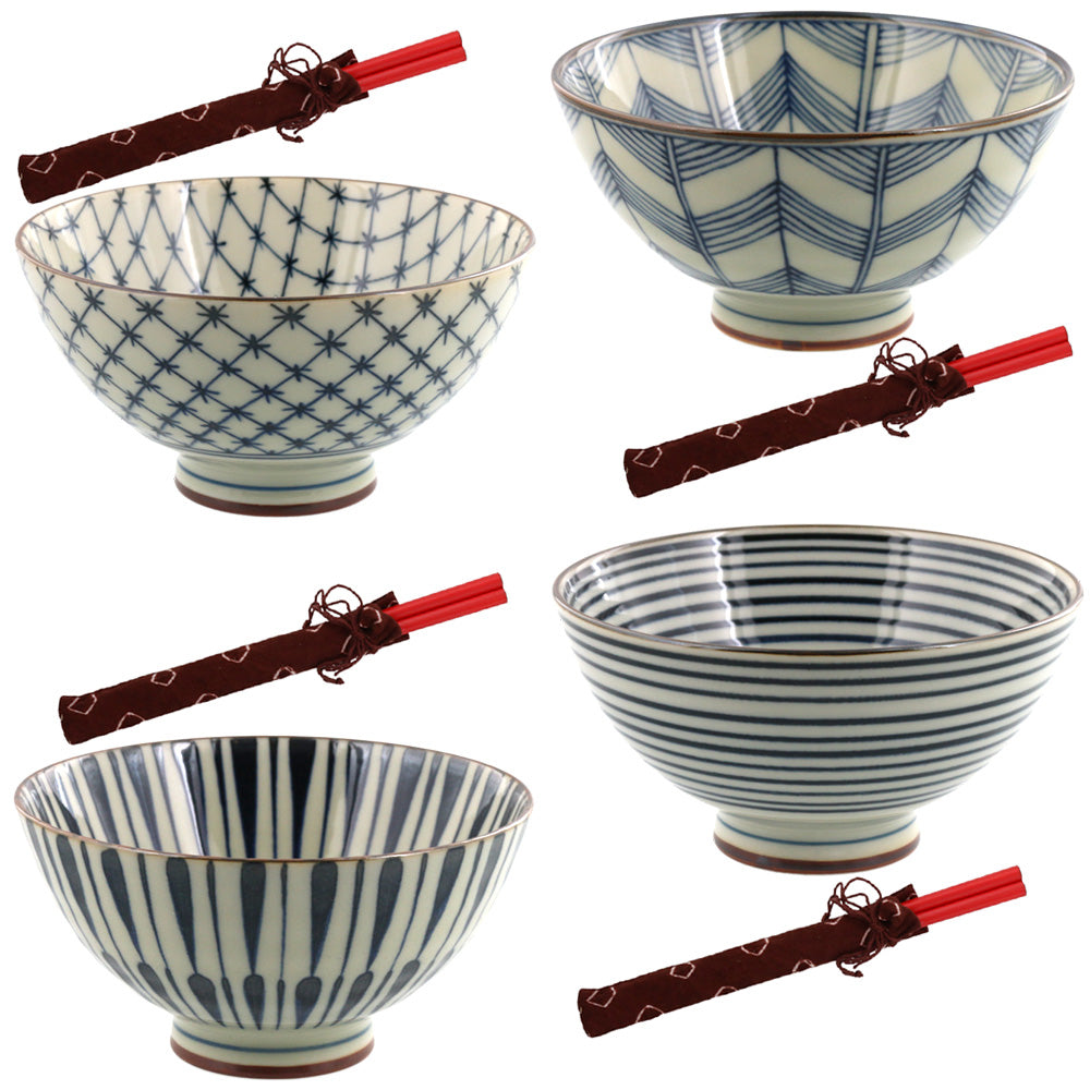 Aikosome 4.6" Traditional Porcelain Rice Bowls with Chopsticks Set of 4 - Assorted Designs