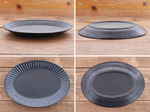 10.4" Shinogi Oval Ceramic Dinner Plates Set of 2 - Black