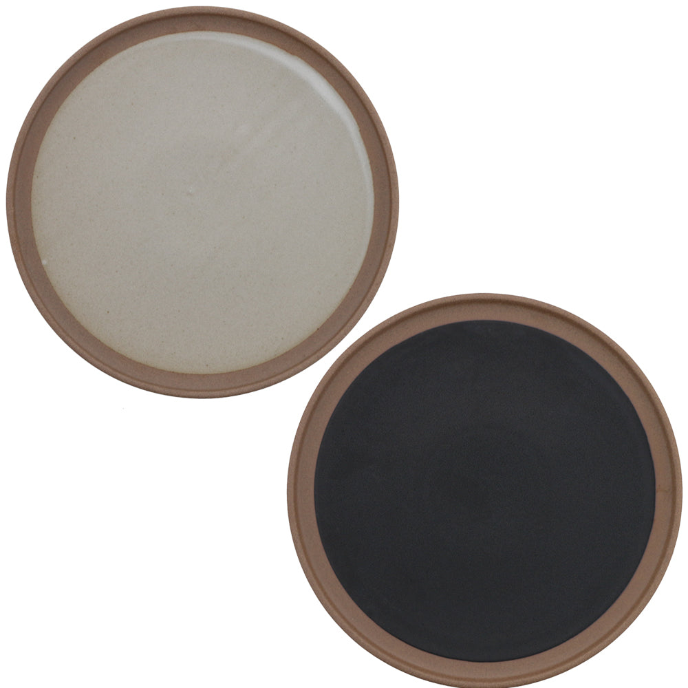 9.2" Red Clay Ceramic Flat Round Dinner Plates Set of 2 - Black and Beige