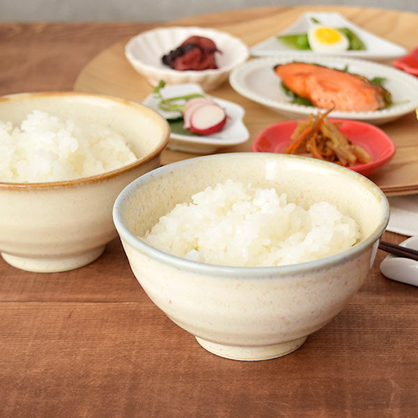 Rainbow Dot Porcelain Rice Bowls with Chopsticks Set of 2 - Beige with Brown Rim