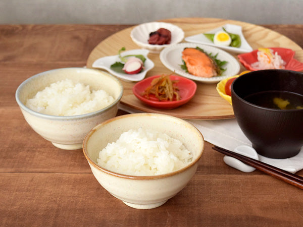 Rainbow Dot Porcelain Rice Bowls with Chopsticks Set of 2 - Beige with Brown Rim