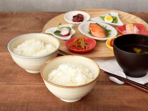 Rainbow Dot Porcelain Rice Bowls with Chopsticks Set of 2 - Beige with Blue Rim