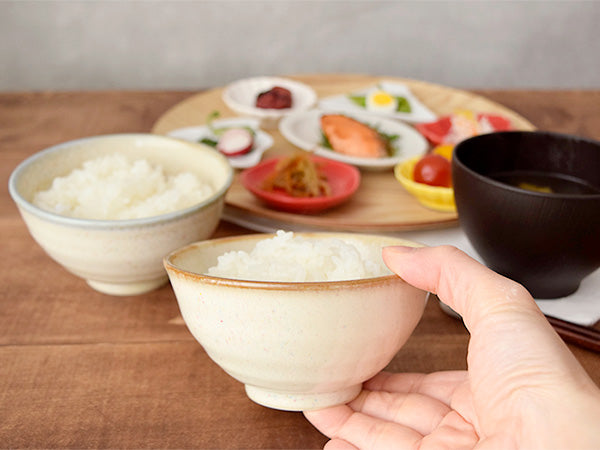 Rainbow Dot Porcelain Rice Bowls with Chopsticks Set of 2 - Beige with Blue Rim