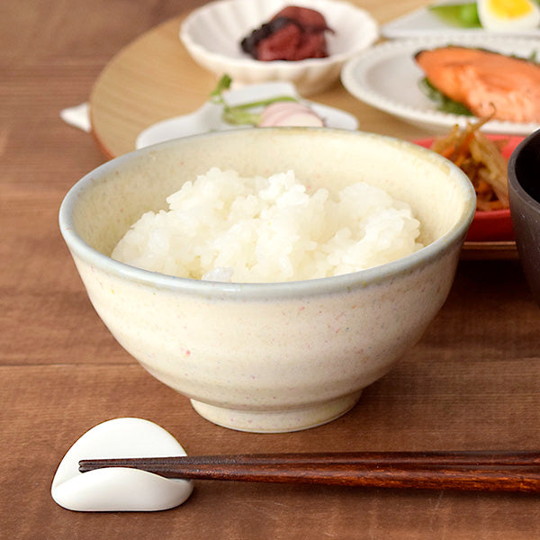 Rainbow Dot Porcelain Rice Bowls with Chopsticks Set of 2 - Beige with Blue Rim