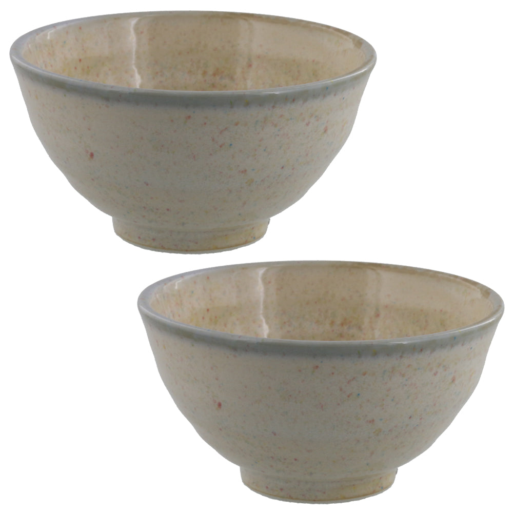 Rainbow Dot Porcelain Rice Bowls Set of 2 - Beige with Blue Rim