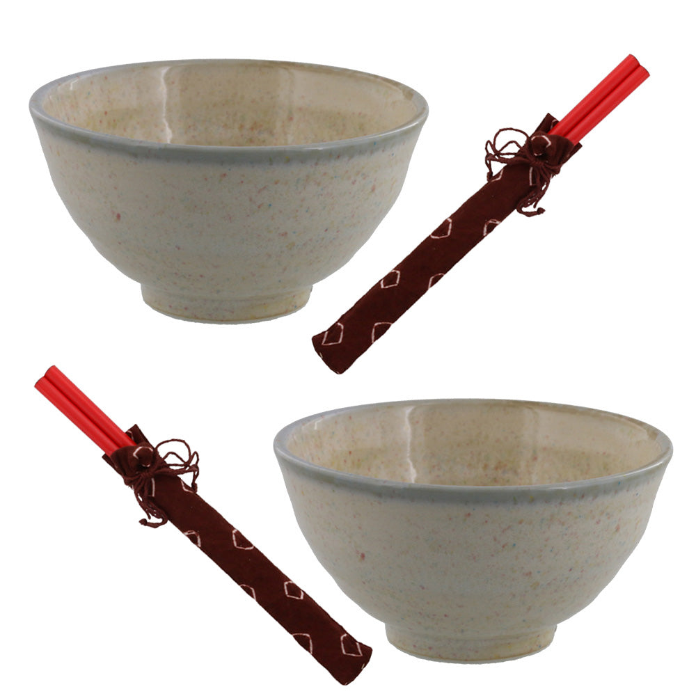 Rainbow Dot Porcelain Rice Bowls with Chopsticks Set of 2 - Beige with Blue Rim