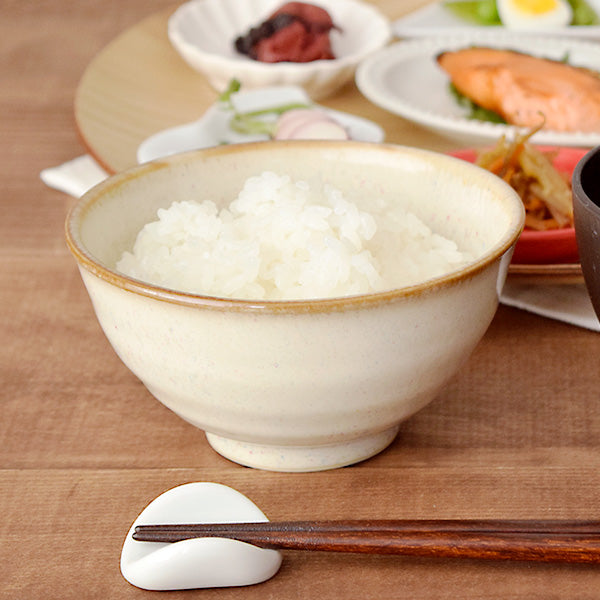 Rainbow Dot Porcelain Rice Bowls with Chopsticks Set of 2 - Beige with Brown Rim