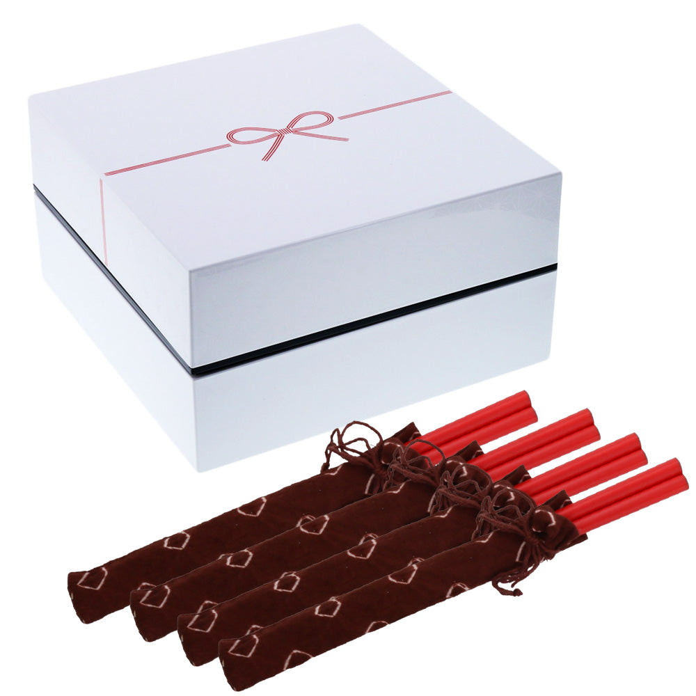 Kuruhimo 2-Tiered Mizuhiki Butterfly Knot White Square Jubako Box with 4 Sets of Chopsticks - Hemp Leaf Pattern
