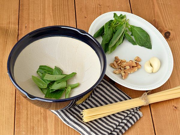 Hamon 8.1" Blue Ripple Ridge Mortar (Suribachi) and 9.4" Pestle (Surikogi) Set