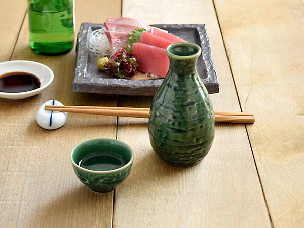 Dark Green Oribe Sake Gift Set - Sake Bottle and 2 Sake Cups