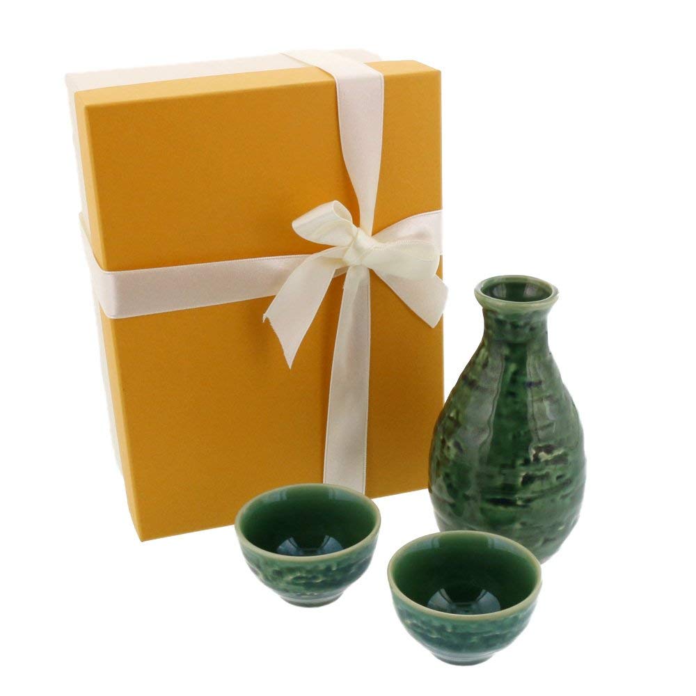 Dark Green Oribe Sake Gift Set - Sake Bottle and 2 Sake Cups