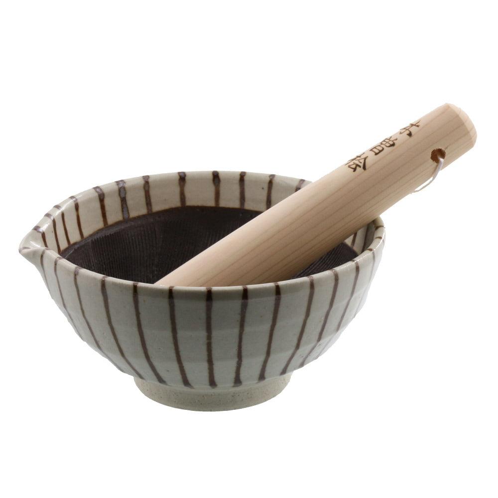 Ceramic Mortar & Pestle Set (Suribachi & Surikogi) with Spout 6.5 inches Handmade White x Brown Stripe (cha-tokusa)