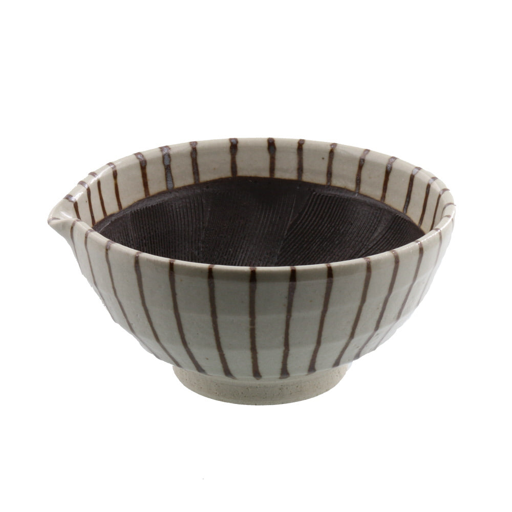 Ceramic Mortar (Suribachi) with Spout 6.5 inches Handmade White x Brown Stripe (cha-tokusa)