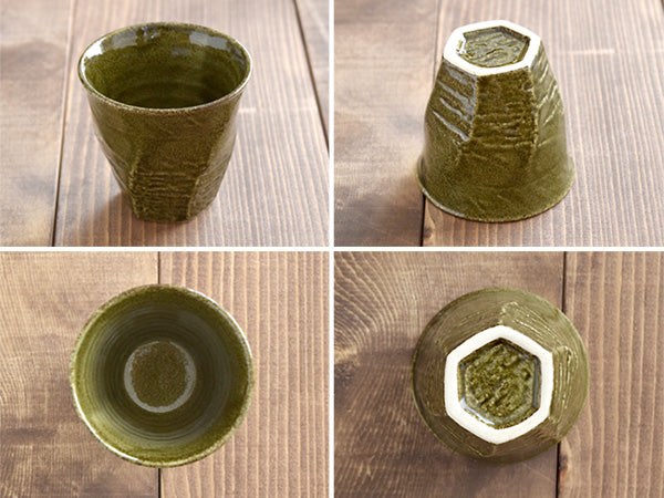 Twisted Japanese Teacups Yunomi Set of 4 - Dark Green/Oribe