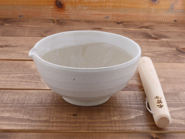 Ceramic Mortar & Pestle Set (Suribachi & Surikogi) with Spout 7.7 inches Handmade White Karatsu