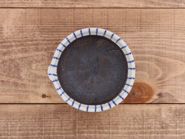 Ceramic Mortar & Pestle Set (Suribachi) with Spout 4.7 inches Handmade White x Blue Stripe (Aotokusa)