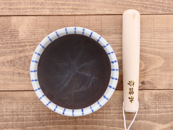 Ceramic Mortar & Pestle Set (Suribachi & Surikogi) 5.9 inches Handmade White x Blue Stripe (Aotokusa)