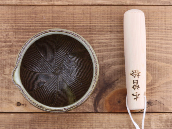 Ceramic Mortar & Pestle Set (Suribachi & Surikogi) with Spout 3.9 inches Handmade Traditional Style Small