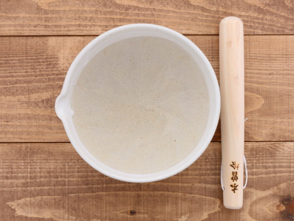 Ceramic Mortar & Pestle Set (Suribachi & Surikogi) with Spout 7.7 inches Handmade White Karatsu
