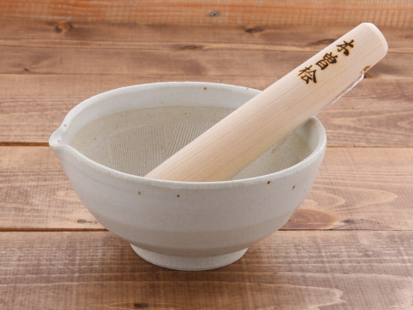 Ceramic Mortar & Pestle Set (Suribachi & Surikogi) with Spout 6.5 inches Handmade White Karatsu