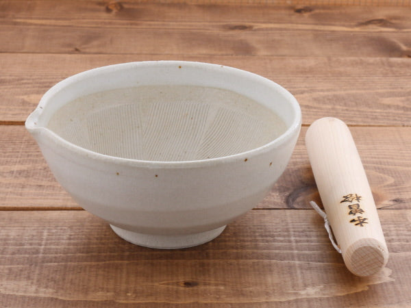 Ceramic Mortar & Pestle Set (Suribachi & Surikogi) with Spout 6.5 inches Handmade White Karatsu