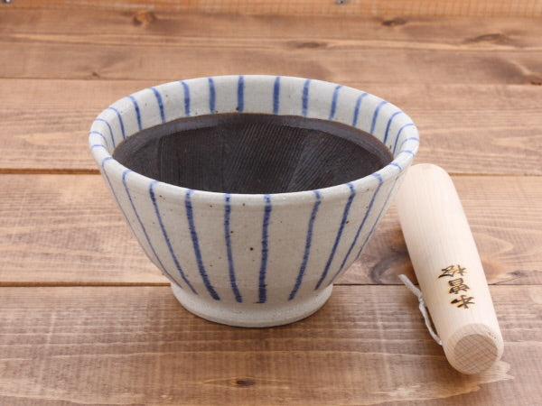 Ceramic Mortar & Pestle Set (Suribachi & Surikogi) 5.9 inches Handmade White x Blue Stripe (Aotokusa)