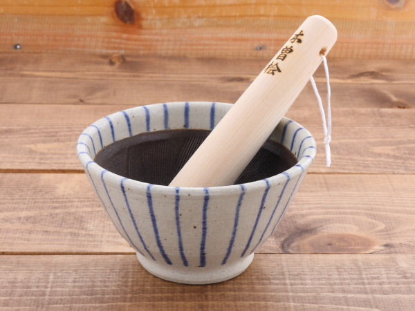 Ceramic Mortar & Pestle Set (Suribachi & Surikogi) 5.9 inches Handmade White x Blue Stripe (Aotokusa)