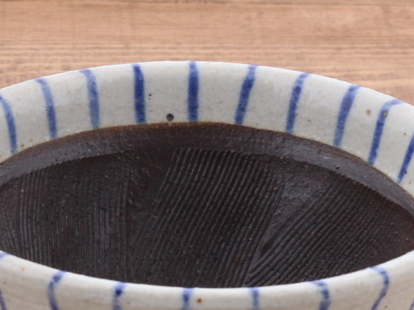 Ceramic Mortar (Suribachi) 5.9 inches Handmade White x Blue Stripe (Aotokusa)
