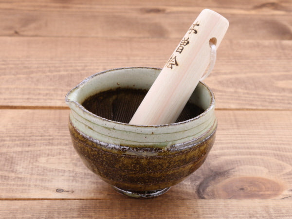 Ceramic Mortar & Pestle Set (Suribachi & Surikogi) with Spout 3.9 inches Handmade Traditional Style Small