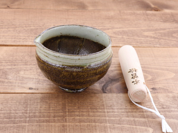 Ceramic Mortar & Pestle Set (Suribachi & Surikogi) with Spout 3.9 inches Handmade Traditional Style Small