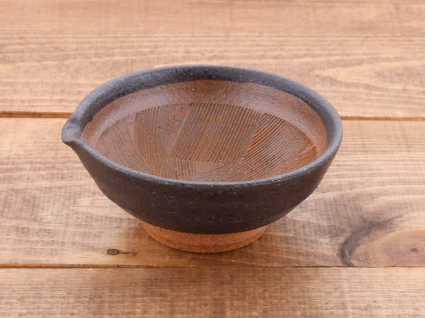 Handmade Ceramic Mortar & Pestle Set (Suribachi & Surikogi) with Spout 4.7 inches - Black