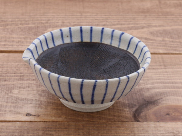 Ceramic Mortar (Suribachi) with Spout 4.7 inches Handmade White x Blue Stripe (Aotokusa)