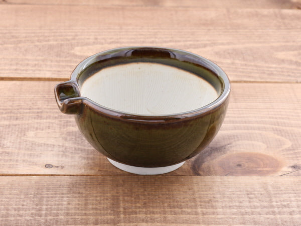 Ceramic Mortar (Suribachi) with Spout 4.7 inches Handmade Round-Shape Green-Brown (Oribe)