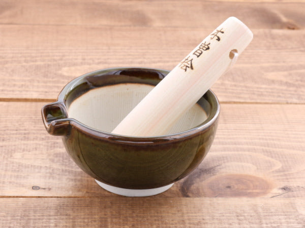 Ceramic Mortar & Pestle Set (Suribachi & Surikogi) with Spout 4.7 inches Handmade Round-Shape Green-Brown (Oribe)