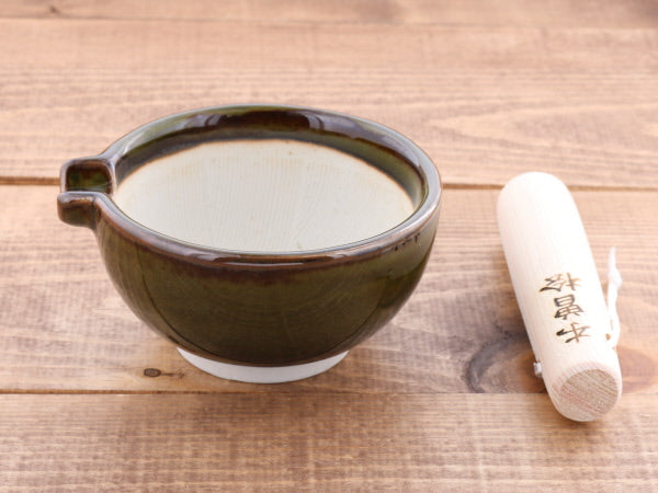 Ceramic Mortar & Pestle Set (Suribachi & Surikogi) with Spout 4.7 inches Handmade Round-Shape Green-Brown (Oribe)