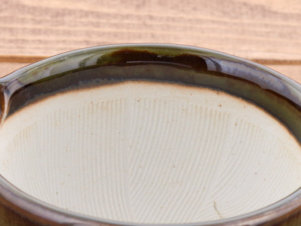 Ceramic Mortar (Suribachi) with Spout 4.7 inches Handmade Round-Shape Green-Brown (Oribe)