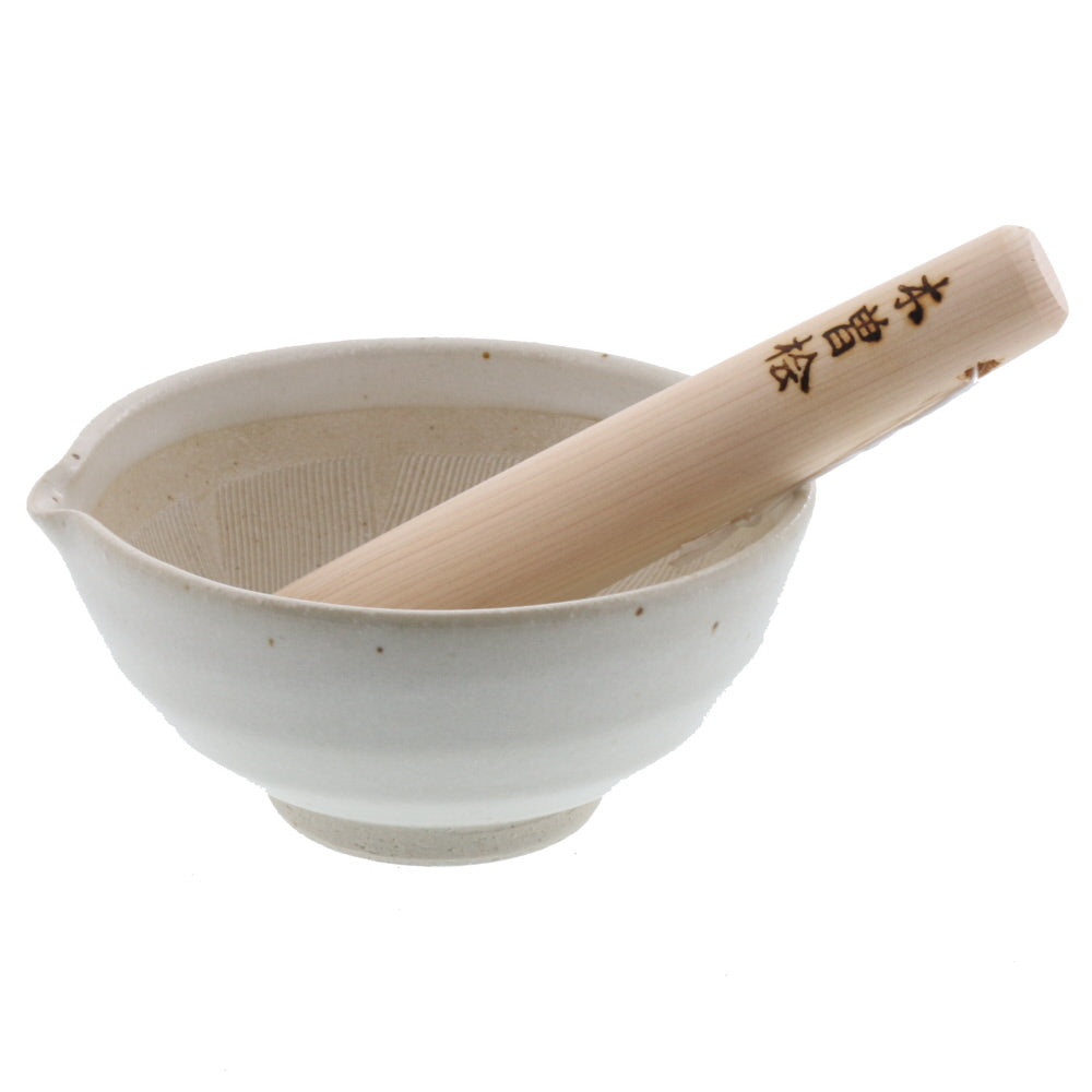 Ceramic Mortar & Pestle Set (Suribachi & Surikogi) with Spout 6.5 inches Handmade White Karatsu