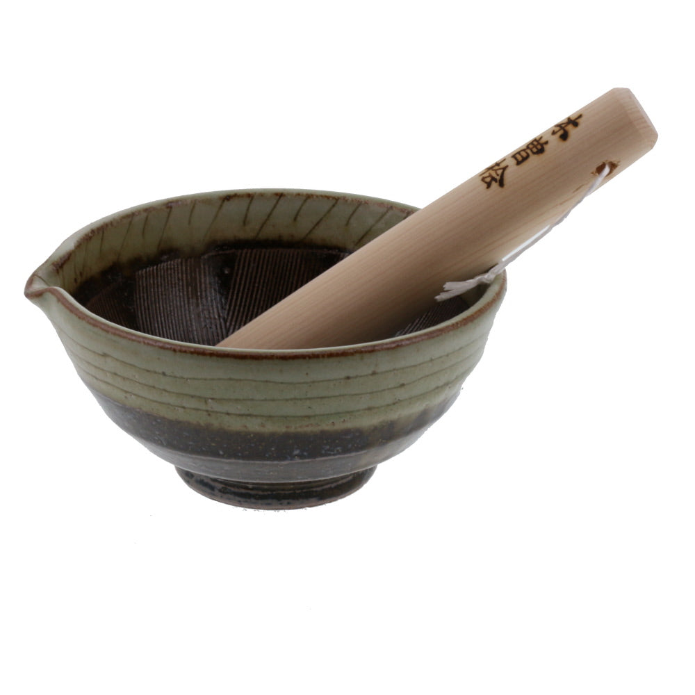 Handmade Ceramic Mortar & Pestle Set (Suribachi & Surikogi) with Spout 6.5 inches
