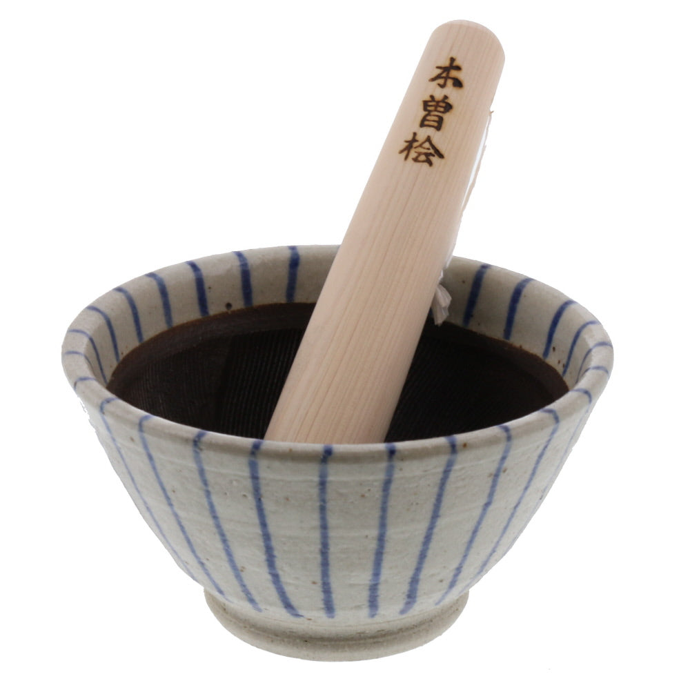 Ceramic Mortar & Pestle Set (Suribachi & Surikogi) 5.9 inches Handmade White x Blue Stripe (Aotokusa)