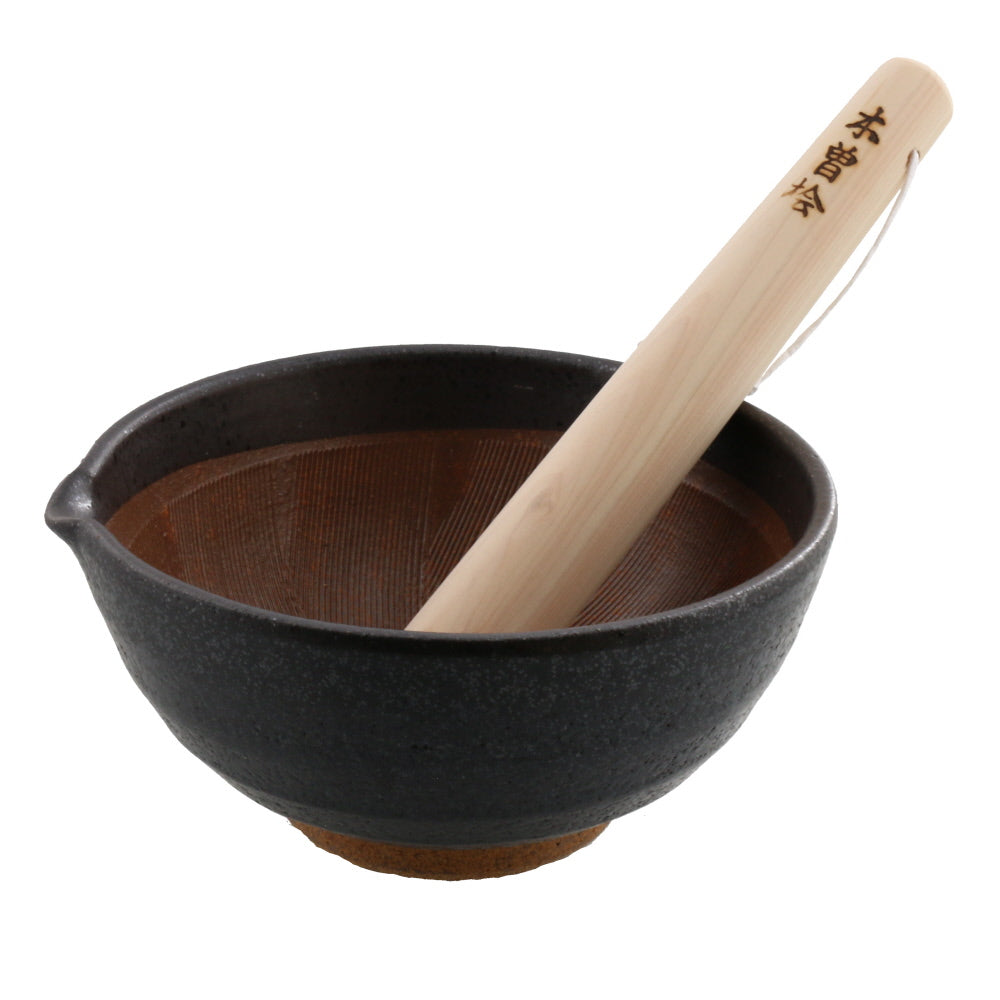 Mortar & Pestle Set (Suribachi & Surikogi) with Spout 7.7 inches Handmade Black (Kuro Kesshou)