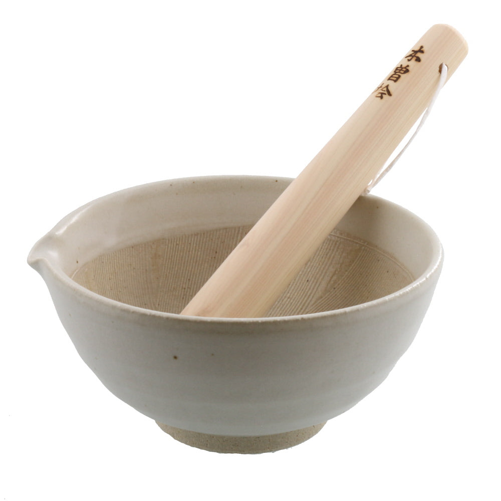 Ceramic Mortar & Pestle Set (Suribachi & Surikogi) with Spout 7.7 inches Handmade White Karatsu
