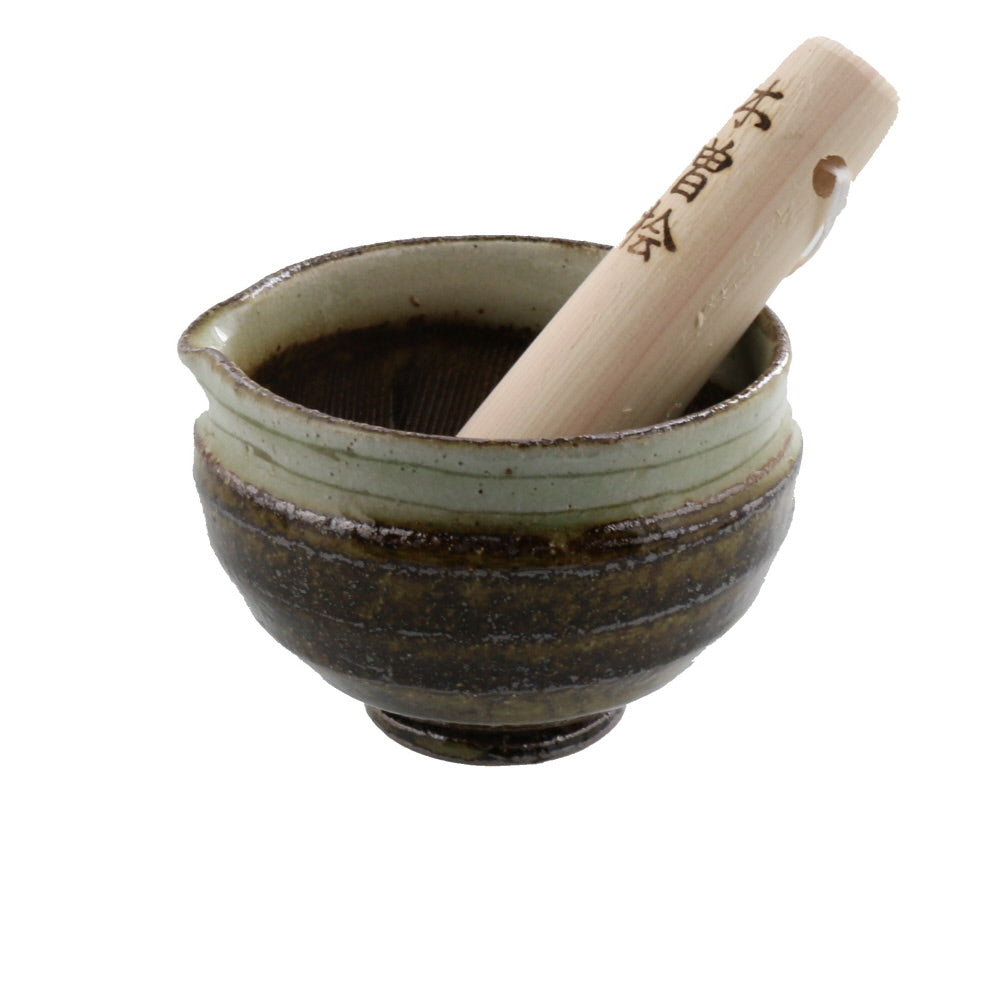 Ceramic Mortar & Pestle Set (Suribachi & Surikogi) with Spout 3.9 inches Handmade Traditional Style Small