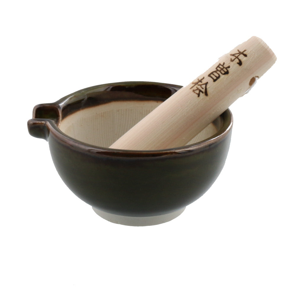 Ceramic Mortar & Pestle Set (Suribachi & Surikogi) with Spout 4.7 inches Handmade Round-Shape Green-Brown (Oribe)