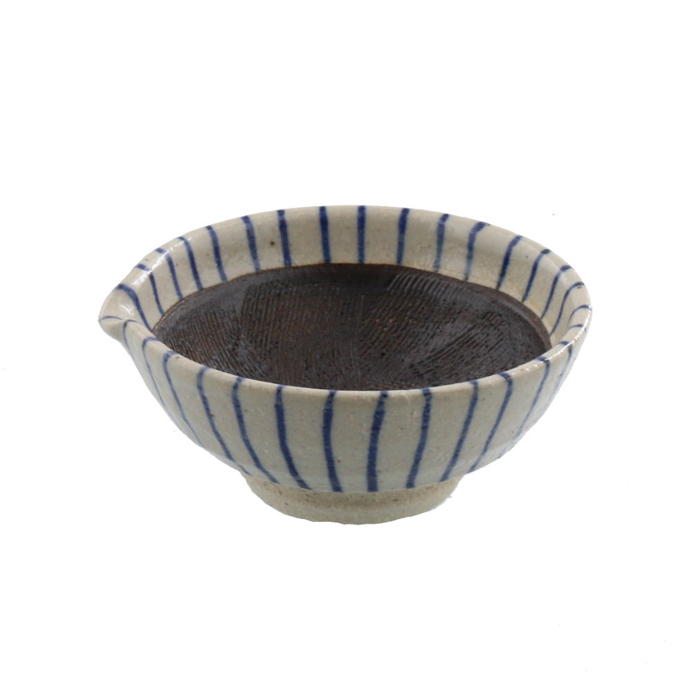 Ceramic Mortar (Suribachi) with Spout 4.7 inches Handmade White x Blue Stripe (Aotokusa)
