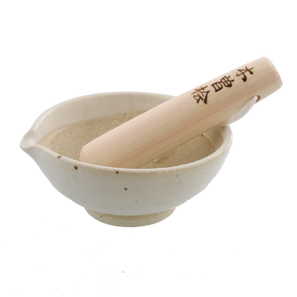 Handmade Mortar & Pestle Set (Suribachi & Surikogi) with Spout - White