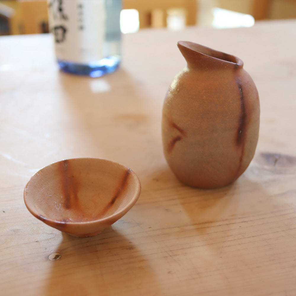 Ogawa Kiln 10.1 oz Tokkuri Sake Bottle with Spout and 2.7 oz Sakezuki Sake Cup Set Jumon Pottery