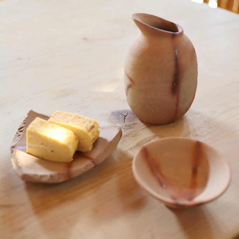 Ogawa Kiln 10.1 oz Tokkuri Sake Bottle with Spout, 2.7 oz Sakezuki Sake Cup, 4.3" Mamazara Triangular Plate, Set of 3, Jumon Pottery