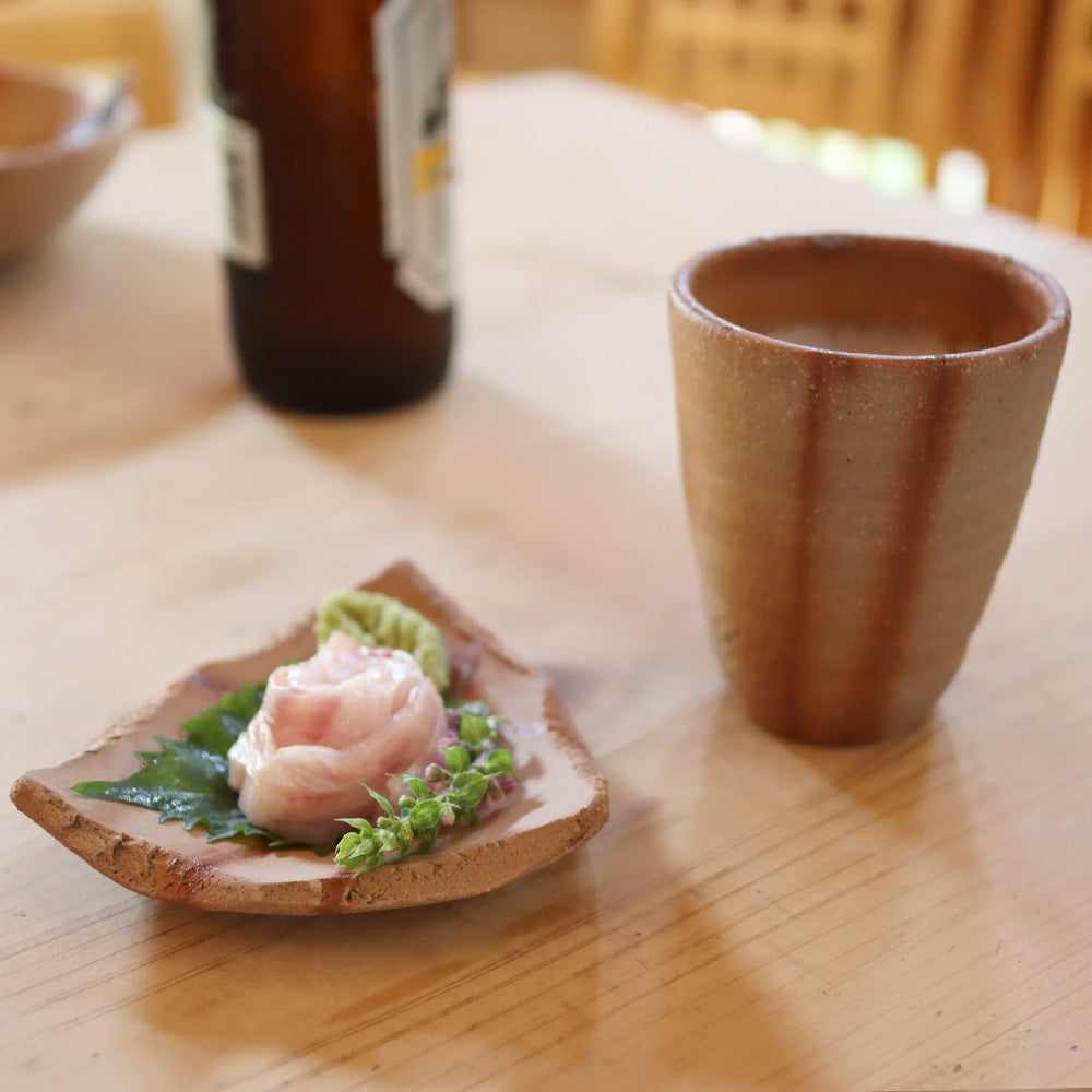 Ogawa Kiln 10.1 oz Beer Tumblers Shochu Cup and 4.3" Triangular Plate Jumon Pottery